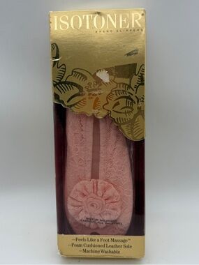 Vintage Isotoner Slippers Peach Lace 5/6 (small) 98259 Foam Cushion Leather Sole